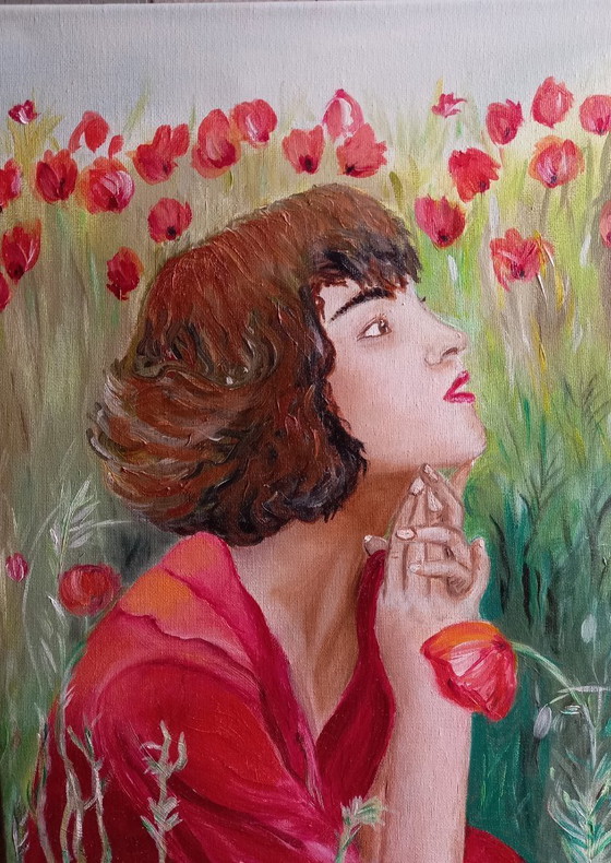 Image 1 of oil painting girl in a flower field