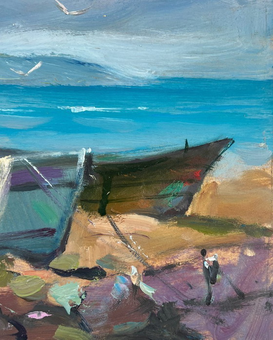Image 1 of Peinture à l'huile originale Paysage côtier d'été Vagues de la mer et cris de mouettes