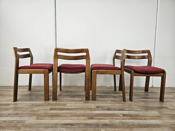 Set of four dining chairs, brown wood with red textile seats, Mid Century Modern (photo 2 of 13)
