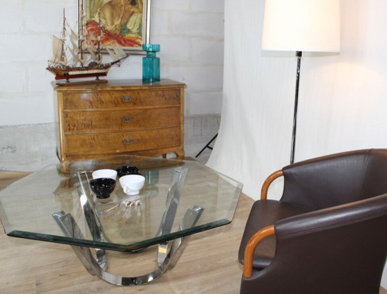 Image 1 of Roger Sprunger coffee table for Dunbar in glass and chrome-plated steel, 1960s