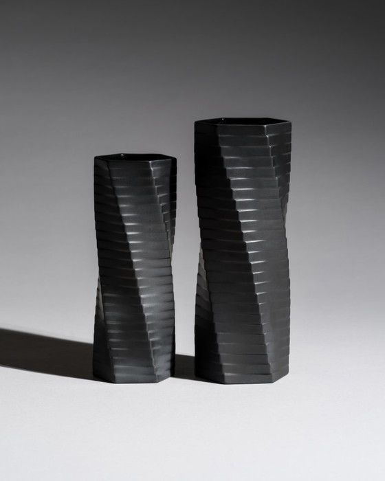 Image 1 of Vintage ROSENTHAL WERNER UHL Vase Duo Bisque Porcelaine Noire PISA 20 cm & 23 cm