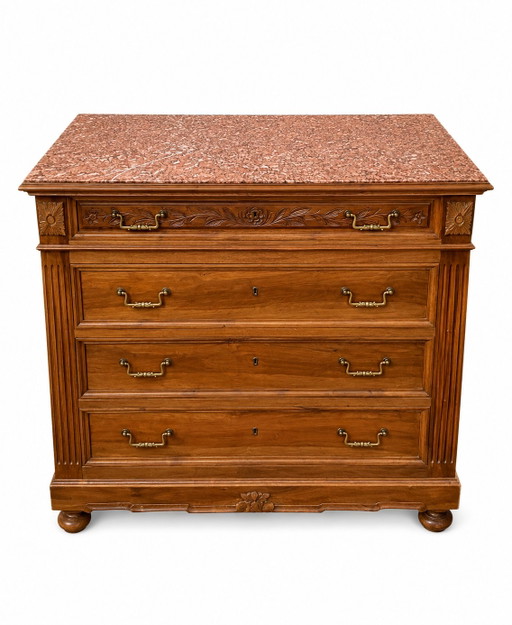 Commode Néo-Renaissance Henri II avec marbre rouge – ladekasten, Wood, Marble