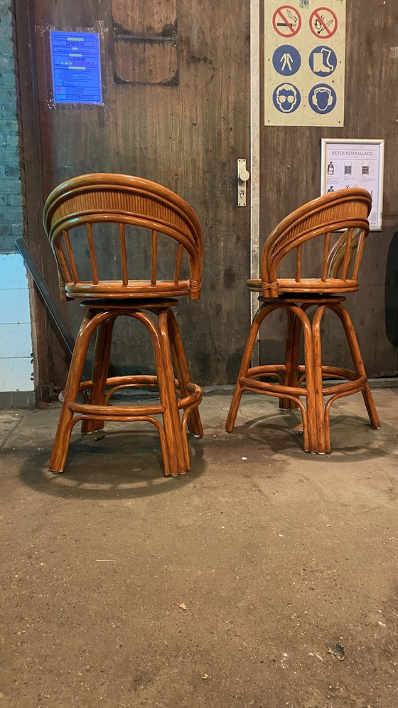 Image 1 of 2x Vintage Swivel Bamboo Barstools