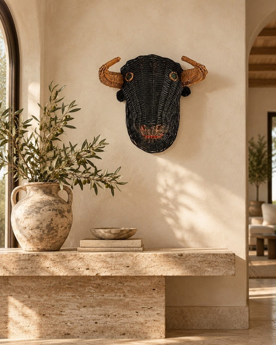 Rare French Polychrome Wicker Bull / Minotaur Wall Sculpture, 1950s – Rattan (photo 10 of 10)
