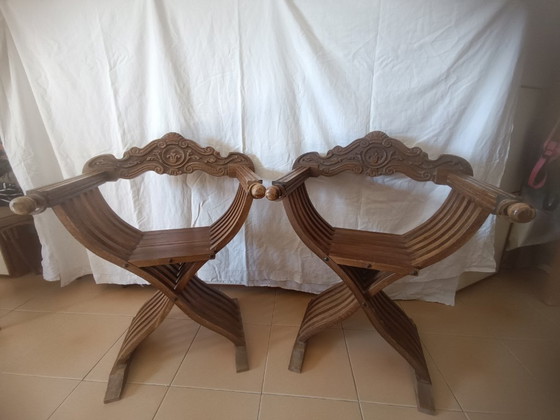 Pair of Savonarola chairs 50s (Italy), Folding chairs, Wood, Brown, Barok (photo 2 of 15)