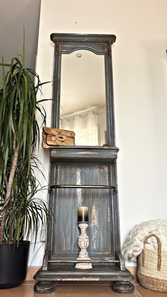 Old entrance coat rack patinated blue-grey with mirror, Vintage charm, Shelving unit, Wood (photo 6 of 15)