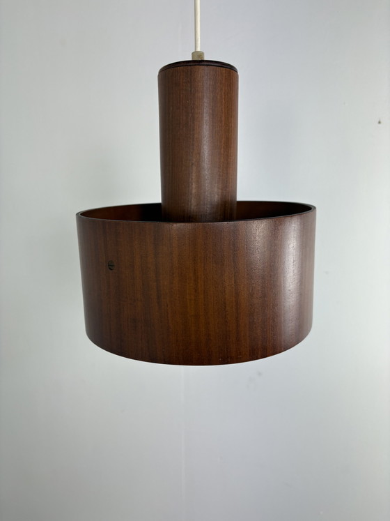 Image 1 of Temde Leuchten teak wood wooden veneer & plexiglas acrylic pendant hanging light lamp mid century modern 1970s seventies Swiss