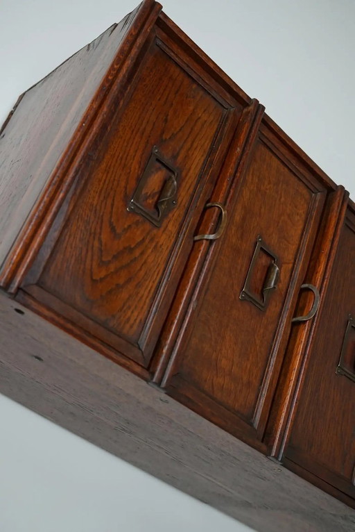 Belgische eiken apothekers- / archiefkast met vouwdeuren, jaren 1920/30
