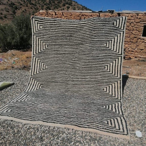 Tappeto tradizionale fatto a mano in lana naturale, bianco e nero, 150/250 cm