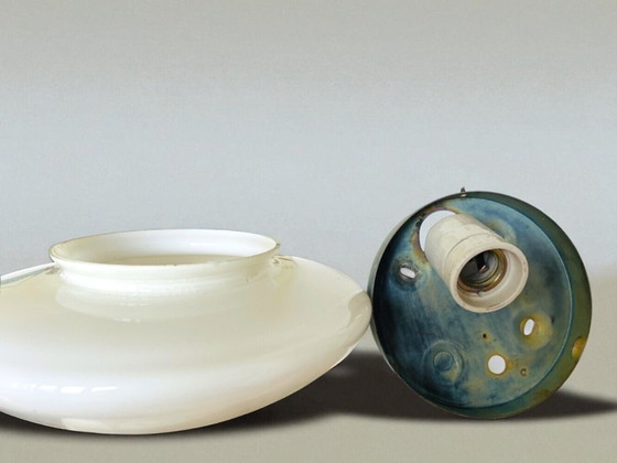 Image 1 of Pair of Art Deco style white opaline glass flush mount ceiling or wall lights 30 and 27cm