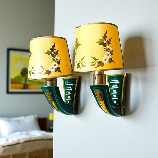 PAIR French Art Deco green ceramic wall sconces with hand-painted half shades, 1940s,