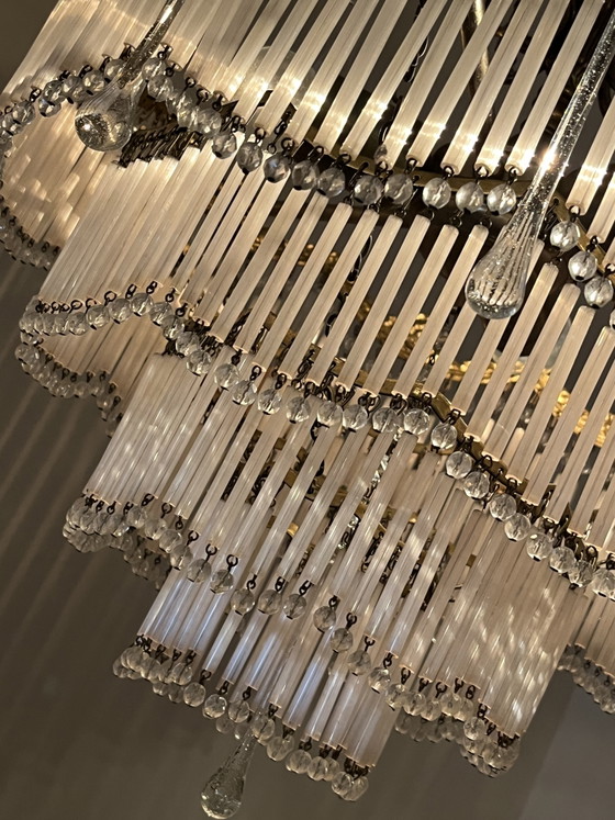 Vintage Bronze Art Nouveau Chandelier Opal Rods and Teardrop Pebbles – Crystal (photo 5 of 13)