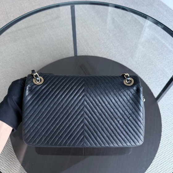 Image 1 of Chanel Seasonal Flap Medium - 25CM Surpique CC Herringbone Medallion Flap Chevron Goatskin Black Gold Hardware