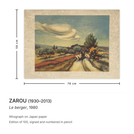 Gesigneerde lithografie van Zarou, Le Berger, 1980. – Litho's & Zeefdrukken, Paper (photo 3 of 5)