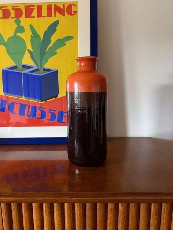 Image 1 of Mid-Century Orange & Brown Ceramic Vase, Aldo Londi Bitossi Italy 1970s