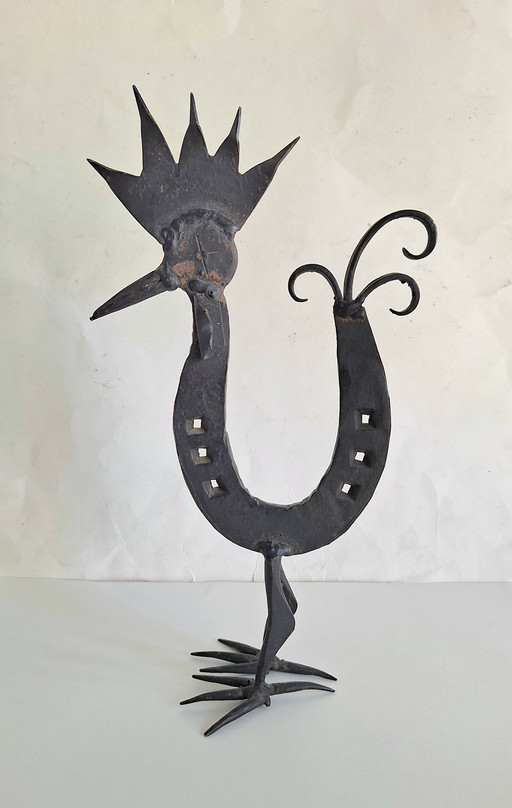 Marolles-style folk art stylized rooster figure from a horseshoe. Vintage 1950-1960.