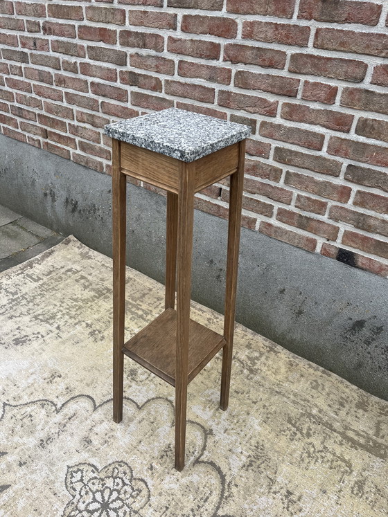 Image 1 of Vintage tall greyed oak plant column pedestal, base in sleek Amsterdam School style