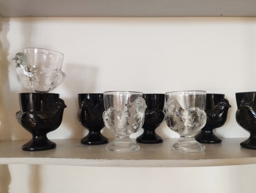 Vintage chick egg cups in glass and opaline