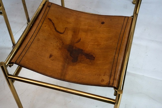 Image 1 of Set van 4 messing en lederen stoelen van Luciano Frigerio, Italië, jaren 70.
