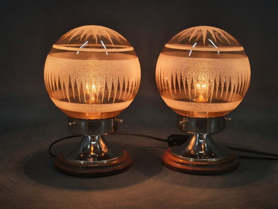 Paar italienischer Tischlampen aus geätztem Glas, Chrom und Holz, 1950er Jahre – Metal (photo 8 of 9)