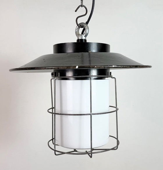 Image 1 of Industrial Grey Enamel Cage Pendant Lamp, 1960s