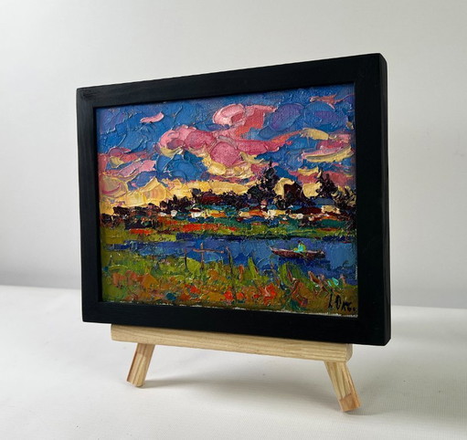 Original Oil Painting Evening Summer Landscape Clouds are floating