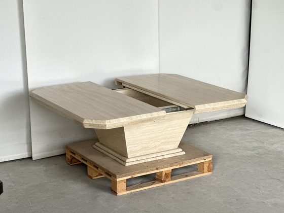 Image 1 of Tavolino da caffè vintage in travertino con bar nascosto, circa anni &#39;80