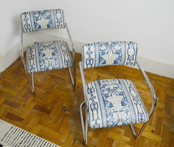 Image 1 of Bauhaus Cantilever Chairs, Portuguese Blue and White Tile Azulejo Upholstery Dining Chairs, Chromed Steel Frame Seating Set of 2