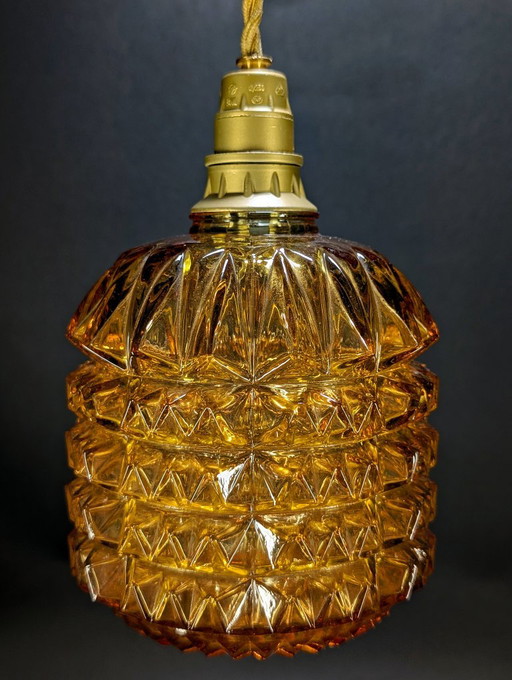 Vintage Diamond Pineapple Lamp in Amber Glass – 1960 – hanglampen, Metal