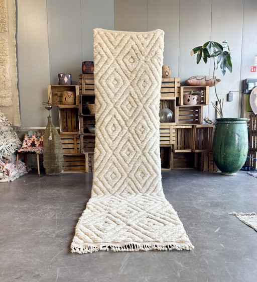 Marokkanischer weißer Läufer Beni Ourain Teppich 90x370 cm