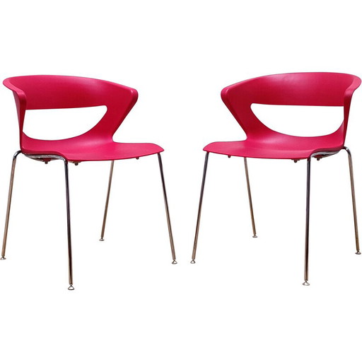 Paar vintage Kicca stoelen in rood plastic en verchroomd aluminium voor Kastel
