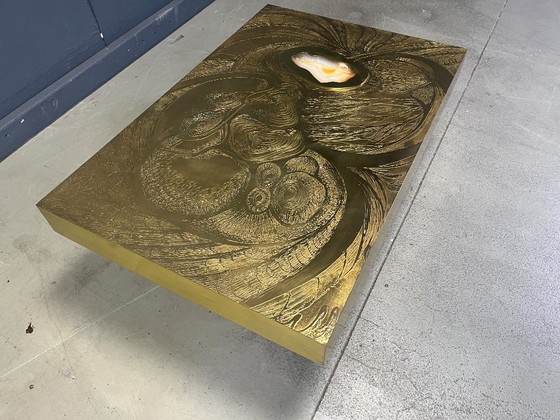 Image 1 of Etched Brass and Inlaid Agate Coffee Table by Felix De Boussy, Belgium