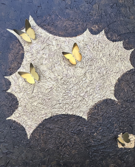 Image 1 of Acrylic painting on linen canvas, handmade brass butterflies