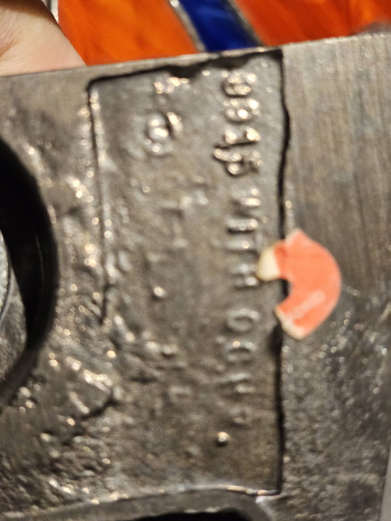 Image 1 of Art Deco lamp MCM 1960, probably bronze with Tiffany style glass shade.