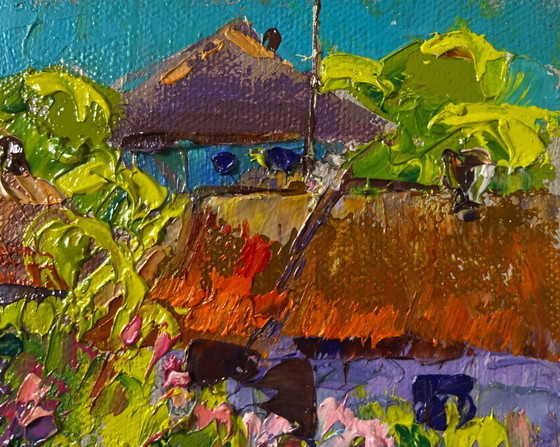Image 1 of Original Oil Painting Summer Village Landscape Bloom and light between buildings