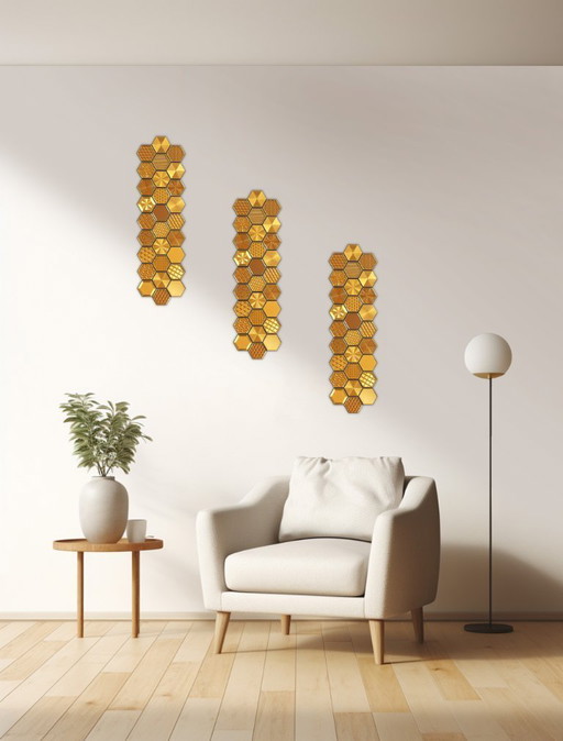 Gouden honingraat wanddecoratie | Hexagonale geometrische decoratie | Moderne wandsculptuur