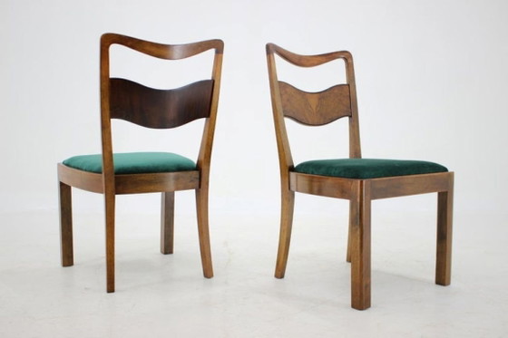 Image 1 of Set of Four Czechoslovakian Art Deco Refurbished Walnut and Velvet Dining Chairs, 1930s
