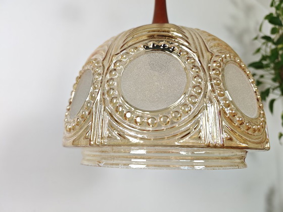 Image 1 of Vintage Amber Glass Pendant Light / 70s Mid Century Hanging Lamp / Retro Ceiling Light / Art Deco Style Glass Shade / Warm Ambie