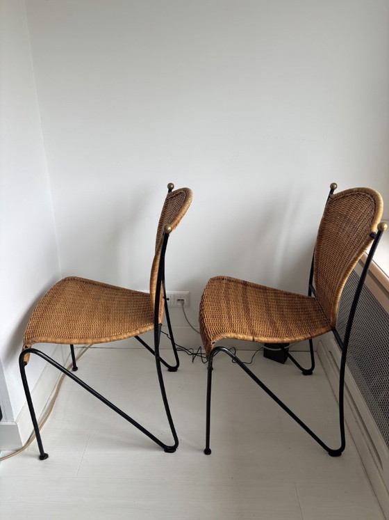 Set aus 6 Frederic Weinberg Stühlen, 1950er Jahre, Frederick Weinberg, Esszimmerstühle, Metall, Rattan (Foto 3 von 13)