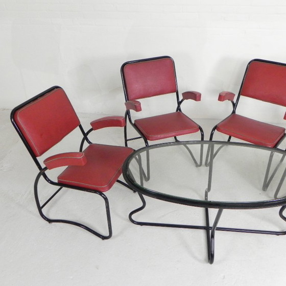 Image 1 of Conjunto de 4 sillones y mesa de centro con estructura tubular de estilo Bauhaus, década de 1950.