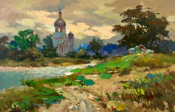 Image 1 of Original Oil Painting Evening City Landscape Church over the river