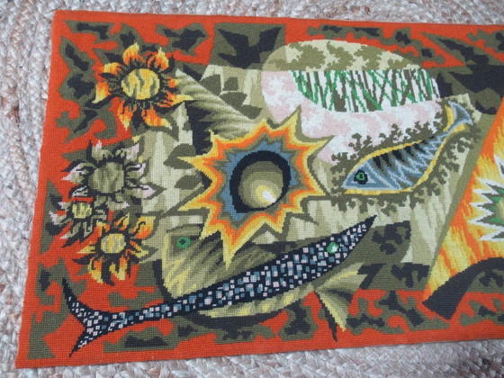 Image 1 of TAPESTRY - JEAN PICART LE DOUX cithare - ROYAL PARIS Handmade 116cm x 48cm on wooden frame 1970s