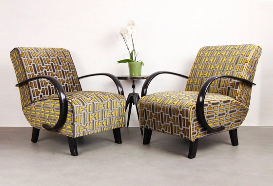 Image 1 of 2x Fauteuils "Gold Tetris" van Jindrich Halabala