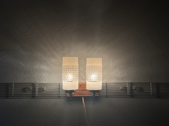Image 1 of Lampada da parete vintage con tubi di vetro e piastra posteriore in legno