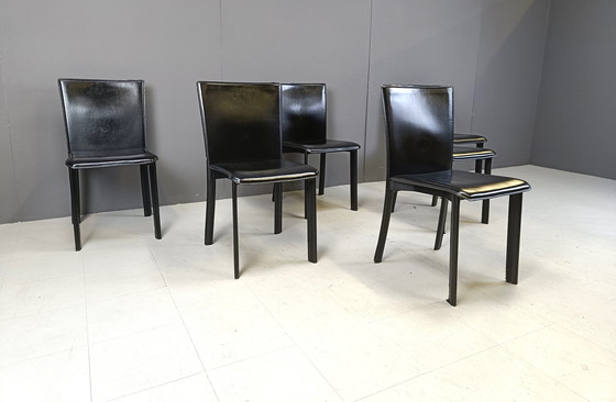 Image 1 of Vintage Black Leather Dining Chairs By Cidue, Set Of 6 - 1980S