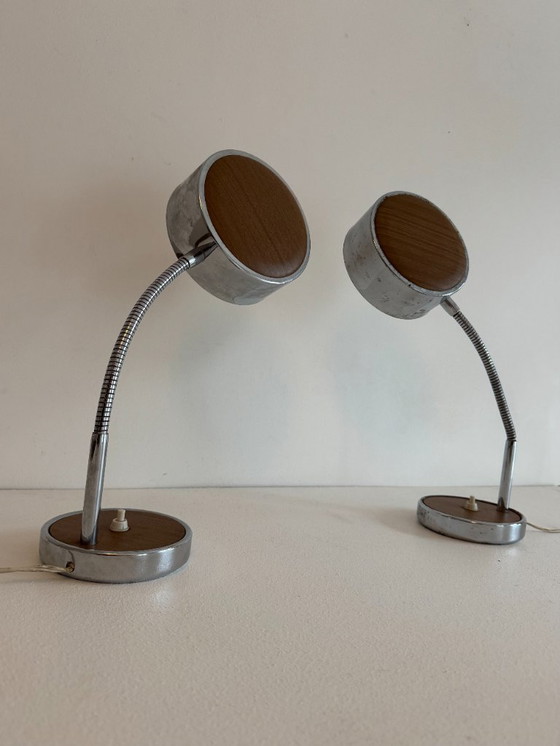 Image 1 of Pair of vintage adjustable table lamps, chromed metal and wood, France, 1970