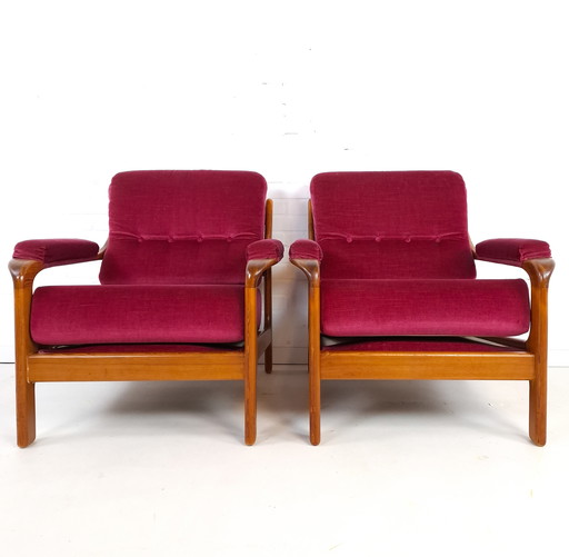2 poltrone vintage di design danese anni '70 in legno e velluto rosa