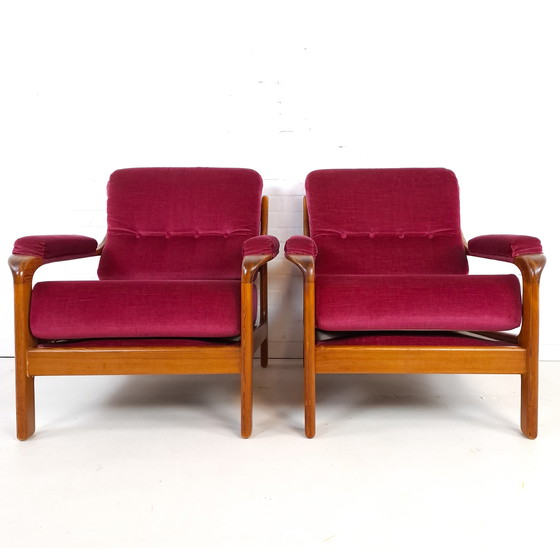 Image 1 of 2 poltrone vintage di design danese anni '70 in legno e velluto rosa