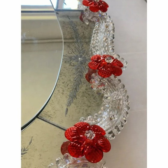Image 1 of Venetian Murano Glass Oval Red Floral Wall Mirror – Hand-Carved Italian Art
