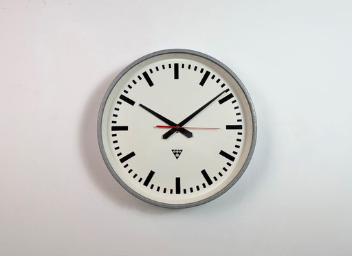 Large Grey Industrial Factory Wall Clock from Pragotron, 1960s